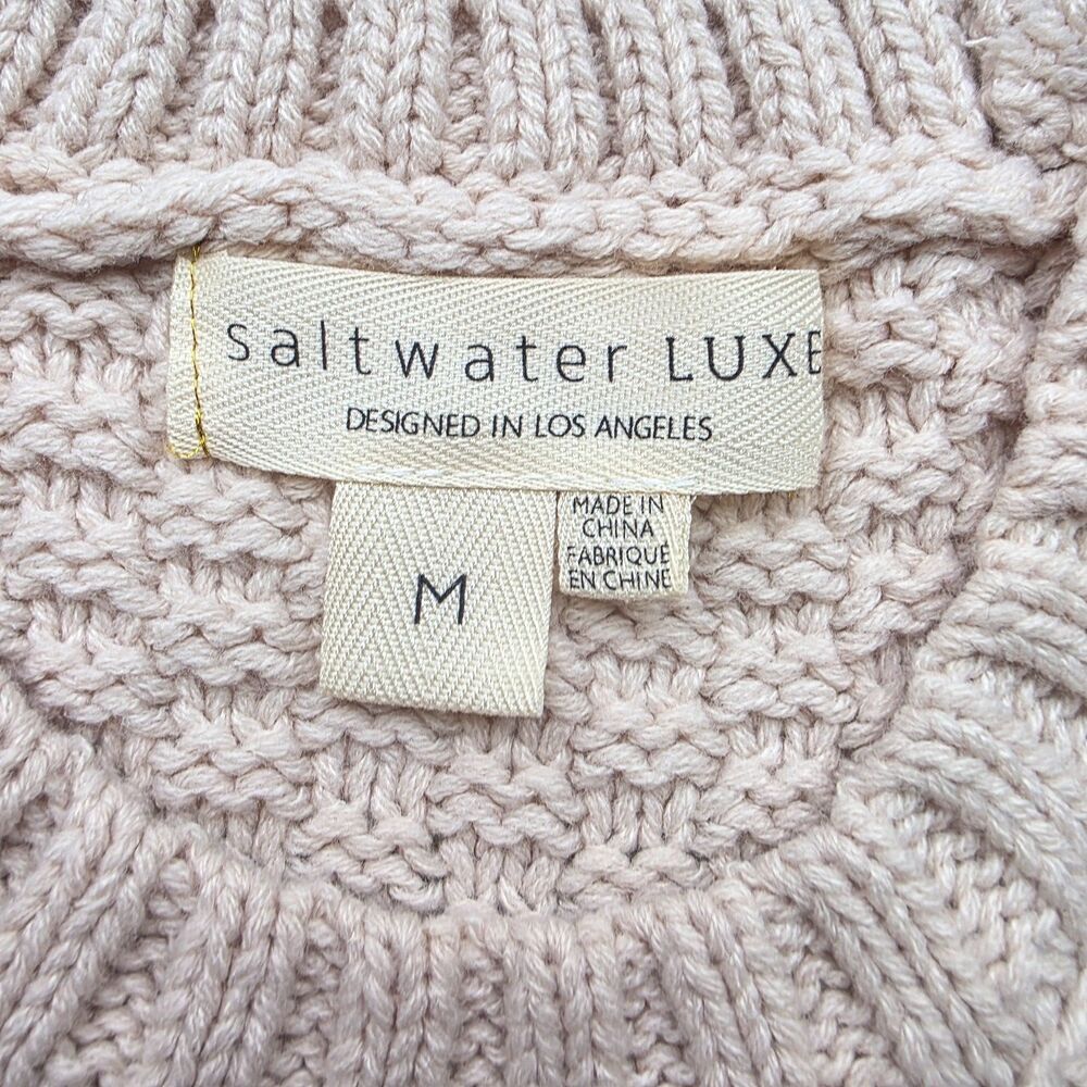 Saltwater Luxe Sweater Cable Knit Tan Boho Cropped Oversized Beach Neutral M - Picture 2 of 7